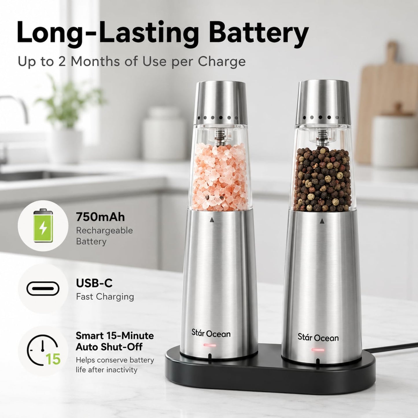 StarOcean Rechargeable Electric Salt and Pepper Grinder Set with USB-C Charging Base, Stainless Steel Automatic Gravity Grinders, 5 Adjustable Coarseness, Kitchen Gift