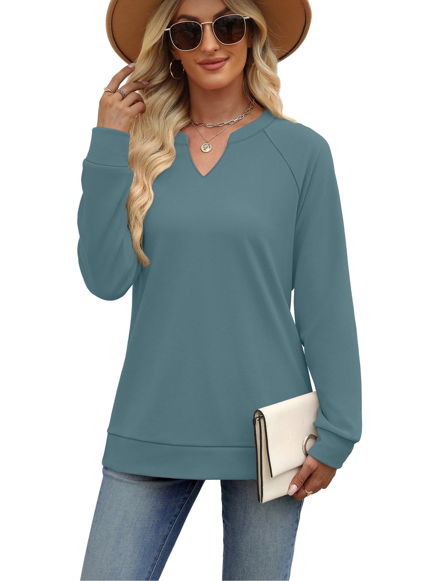 SAMPEEL Sweatshirts for Women V Neck Long Sleeve Shirts Lightweight Sweaters Fall Fashion Tops Outfits 2025