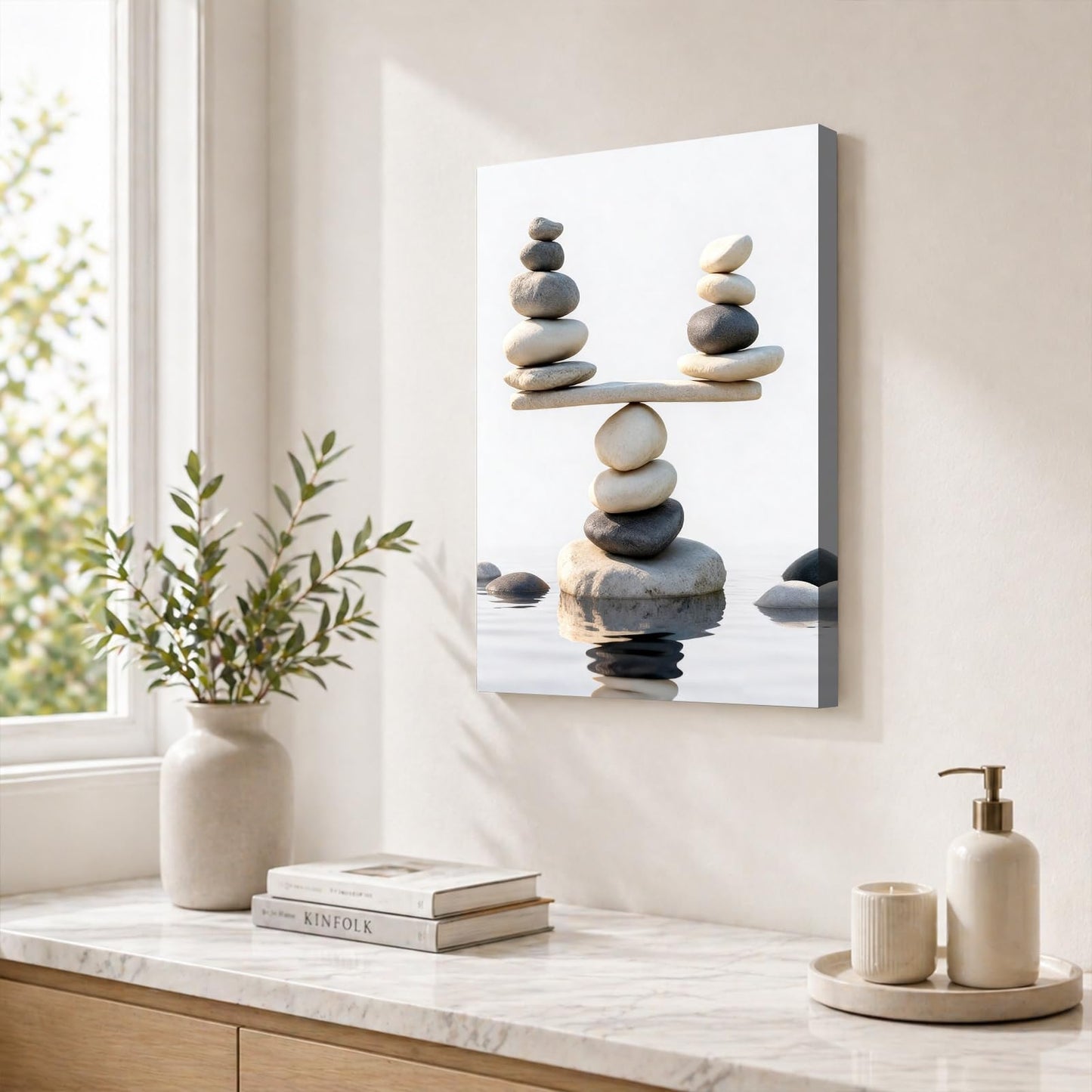 Zen Stones Wall Art Canvas Prints Framed Minimalist Nature Wall Art, Peaceful Zen Wall Art for Bathroom Wall Art, Bedroom Wall Decor, Modern Meditation Wall Decor, 12x16 Inches