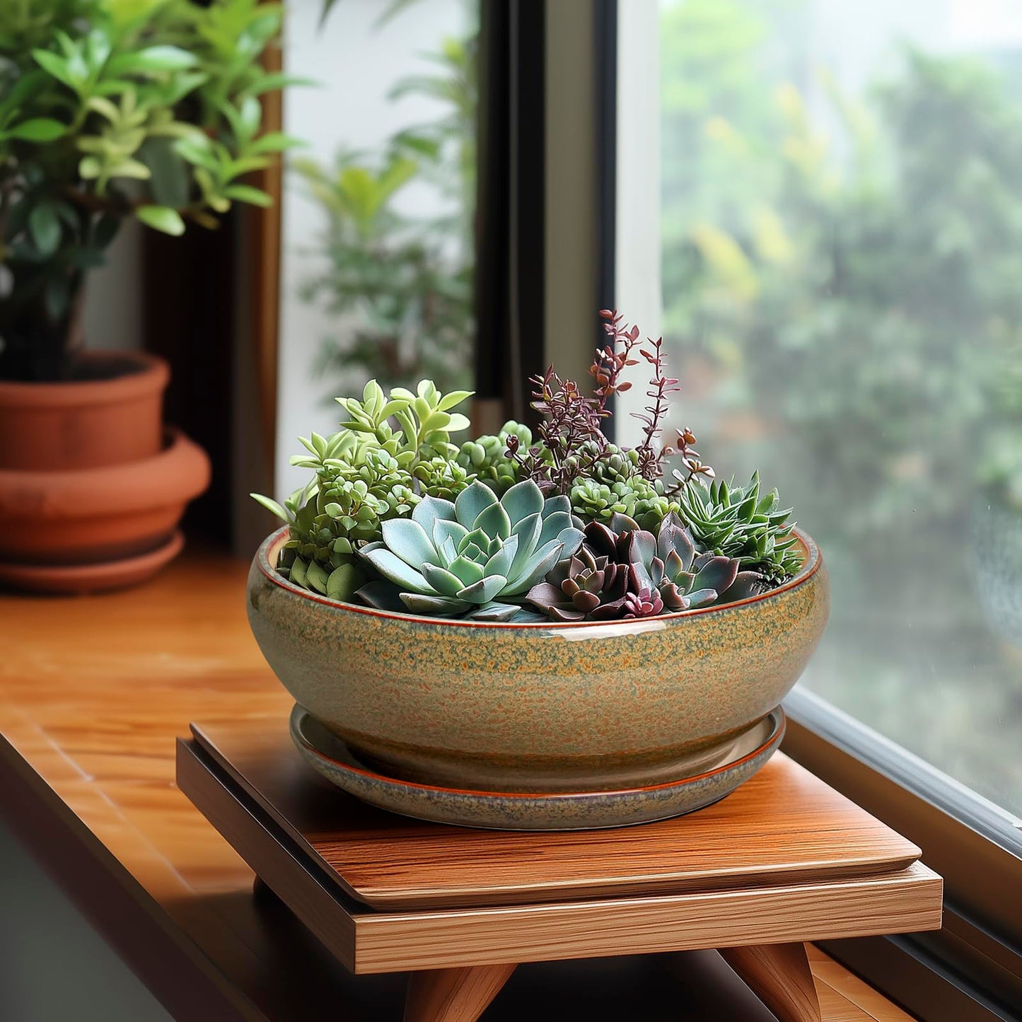 SQOWL Succulent Pots - 8 Inch Ceramic Bonsai Pots, Round Shallow Planter with Drainage Hole and Saucer, Succulent Indoor Planter, Bowl Planters Outdoor, Apartment Decor, Gifts for Women, Brown