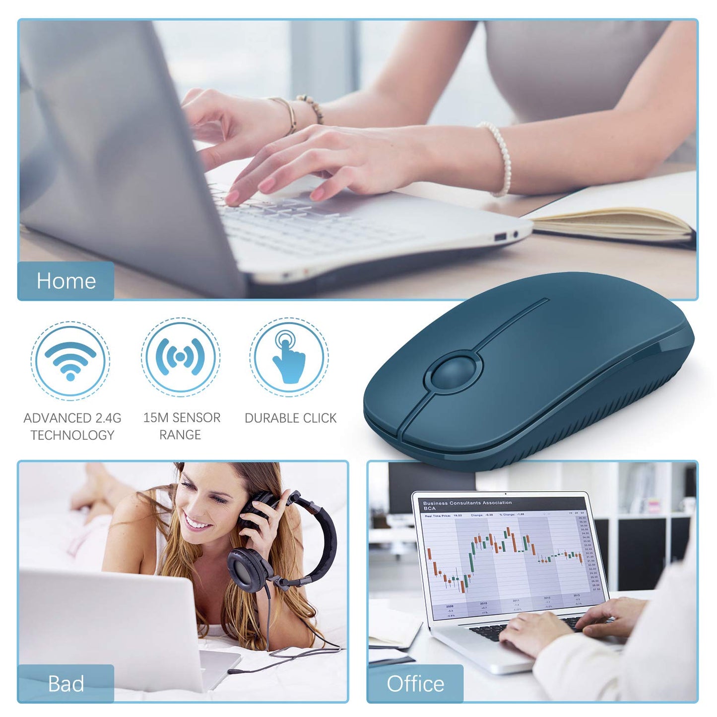 VssoPlor Wireless Mouse, 2.4G Slim Portable Computer Laptop Mouse with Nano Receiver Quiet Silent Optical Mice for Notebook, PC, Laptop, Computer-Black and Gold