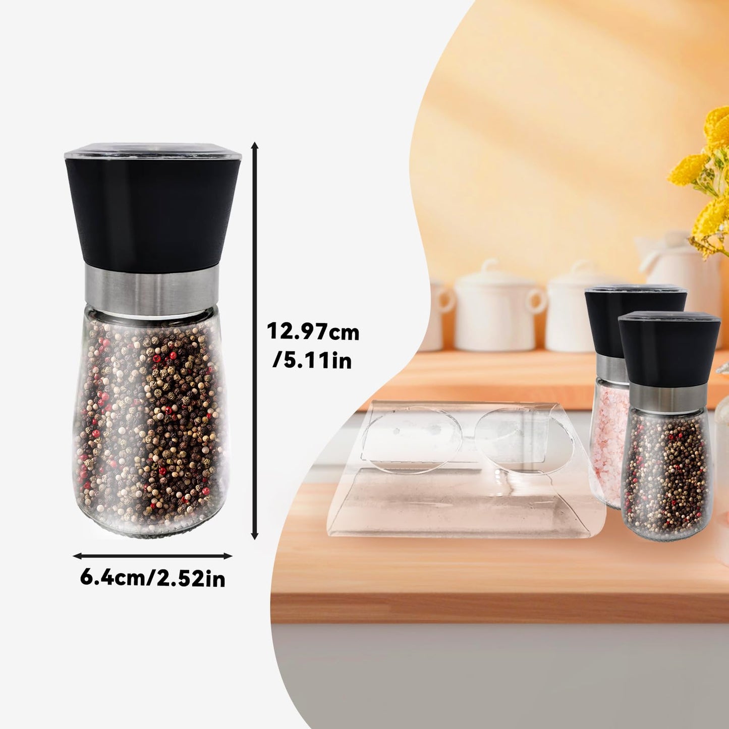 Daily Treasures 2 Pack Salt and Pepper Grinder Set with Acrylic Holder,Refillable Salt Grinder,Stainless Steel Pepper Grinder Mill,Seasoning Grinder with Adjustable Coarseness,Glass Shaker for Kitchen