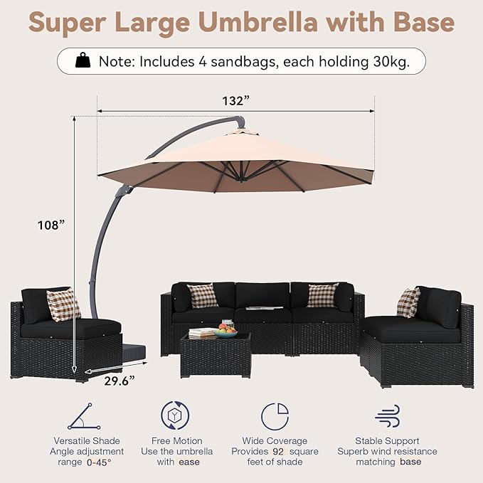 Aoxun Patio Furniture Set with Umbrella, 8 Piece Outdoor Sectional Sofas