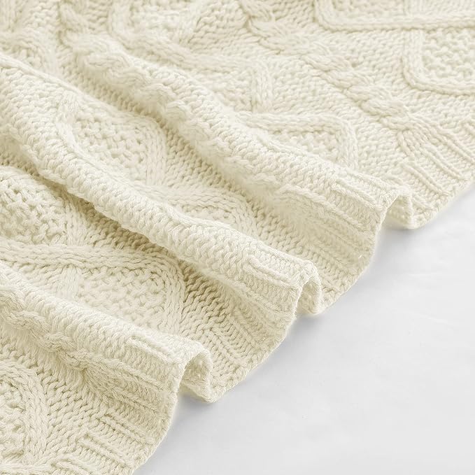 Homiest Cable Knit Throw Blanket & Pillow Set, Cream White Set of 3, Knitted
