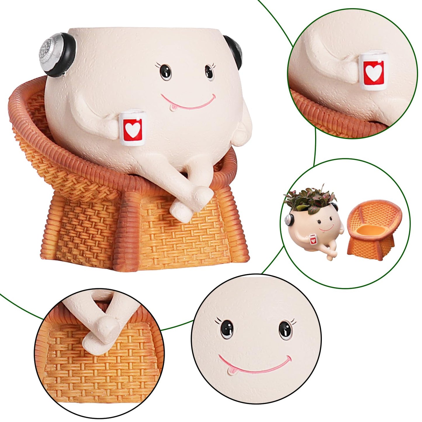 NINIPAPA Smiley Face Flower Pot Cute Chair Planter with Drainage Hole, Funny Indoor Planter for Succulents Herbs, Small Plants Happy Little Pot Unique Gifts for Plant Lovers