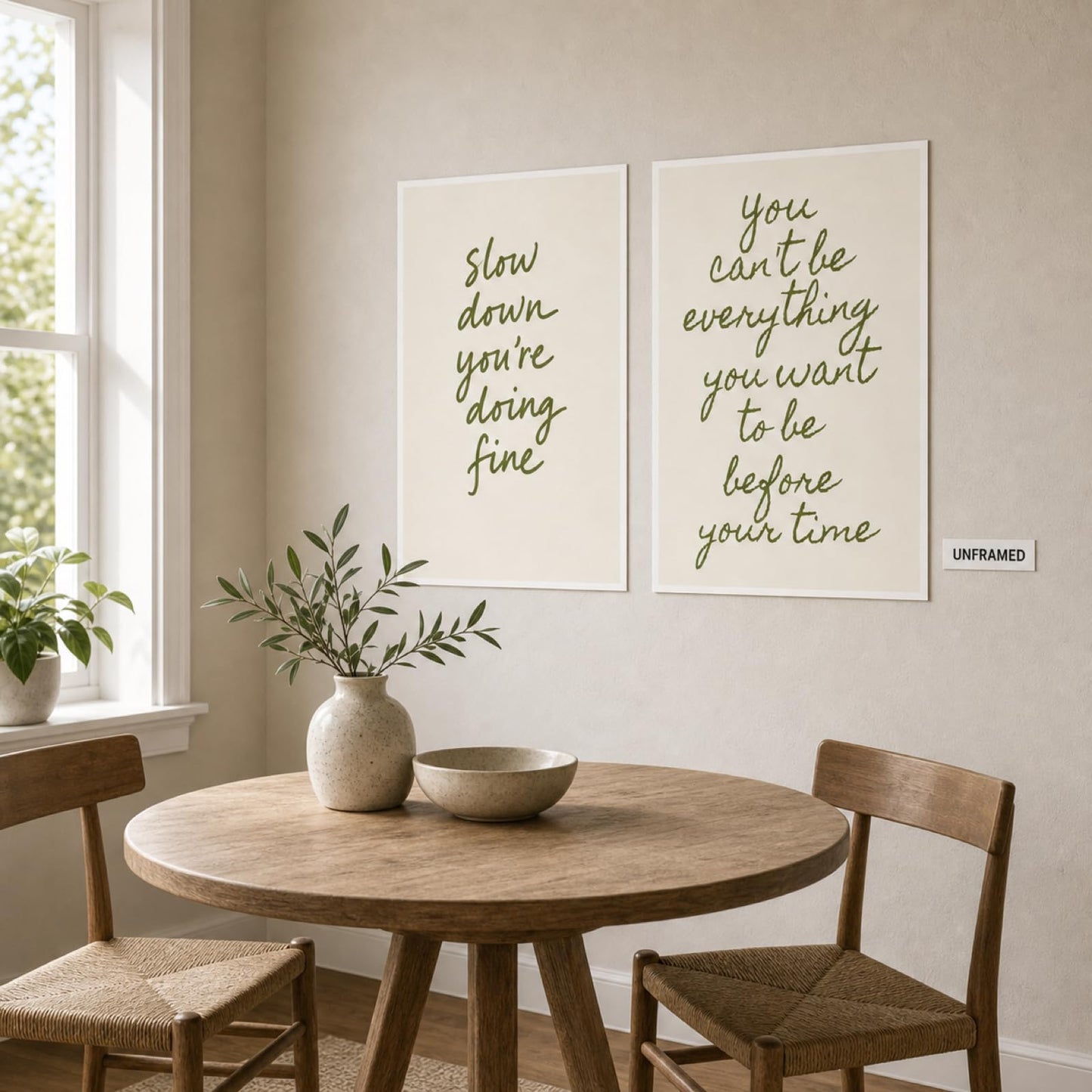 Slow Down & You Can't Be Everything Quote Wall Art Set of 2 Modern Minimalist Sage Green Neutral Tone Inspirational Wall Decor for Living Room Bedroom Office Calming Mindfulness Art 16x24 Inch Unframed