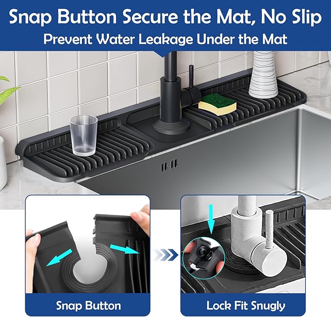 24"Longer Silicone Faucet Mat For Kitchen Sink Splash Guard -7° Slope Snap