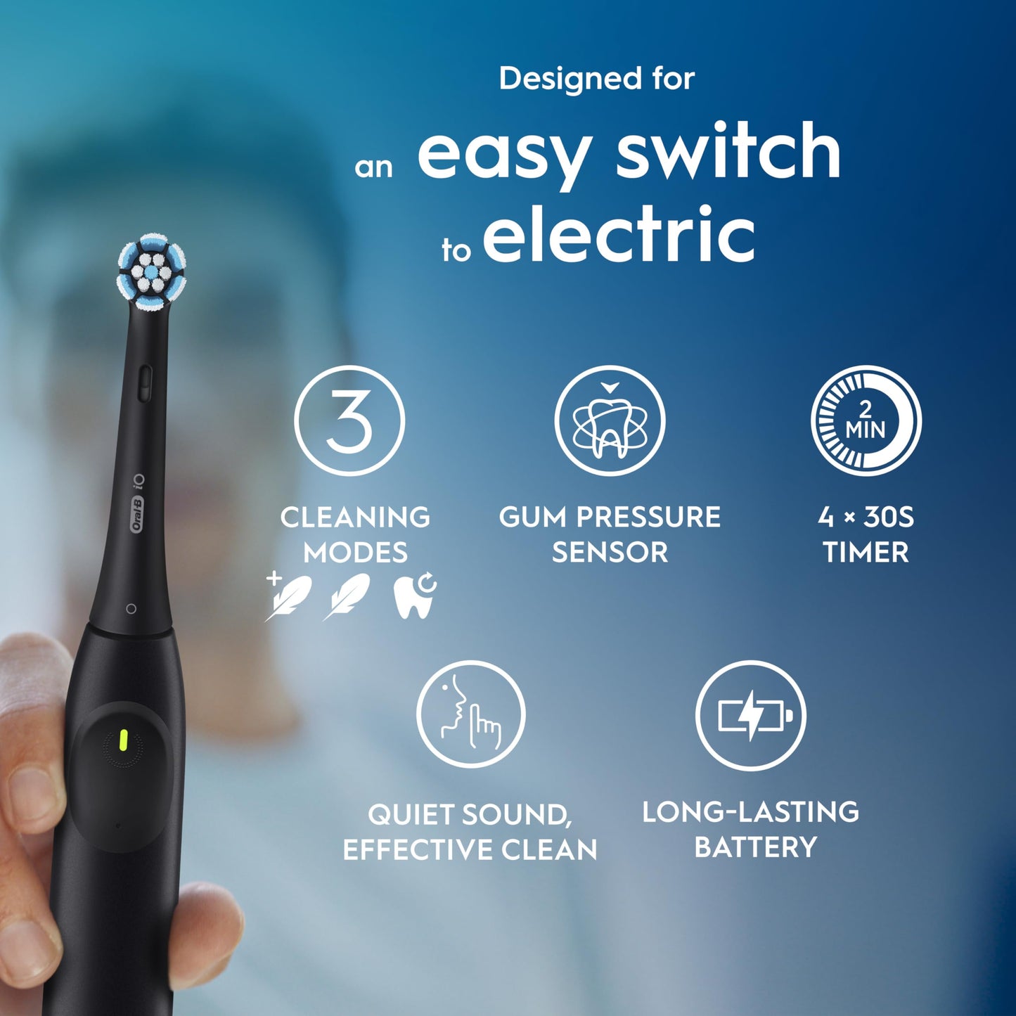 Oral-B iO2 Electric Toothbrush, 1 Gentle Care Toothbrush Head, 1 Travel Case, 1 Travel Refill Holder, Oral B Toothbrush Adults (Night Black), Designed by Braun, 2 Pin UK Plug
