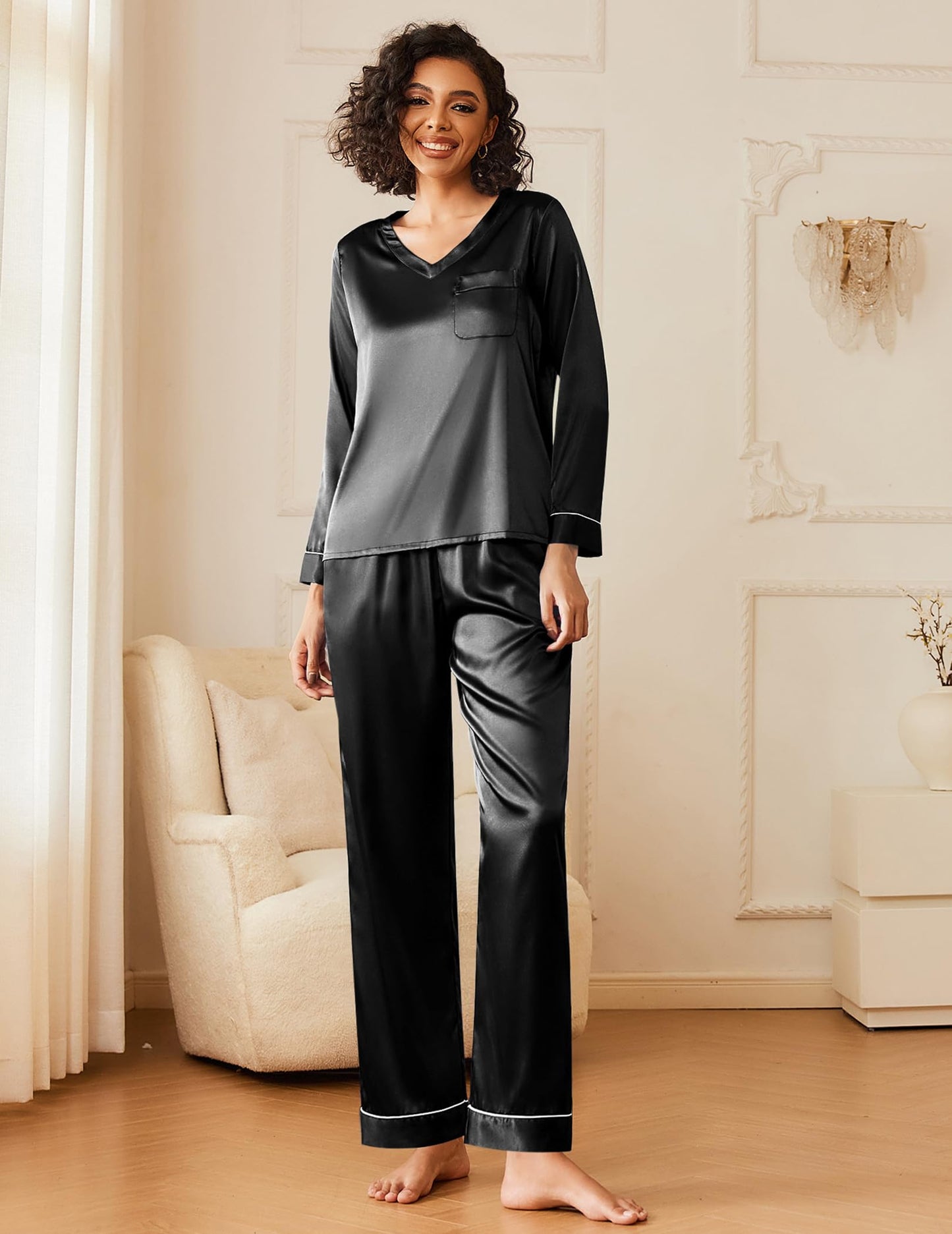 Ekouaer Silk Pajama for Women Long Sleeve Satin Pj Set Two Piece Soft Sleepwear Loungewear S-XXL