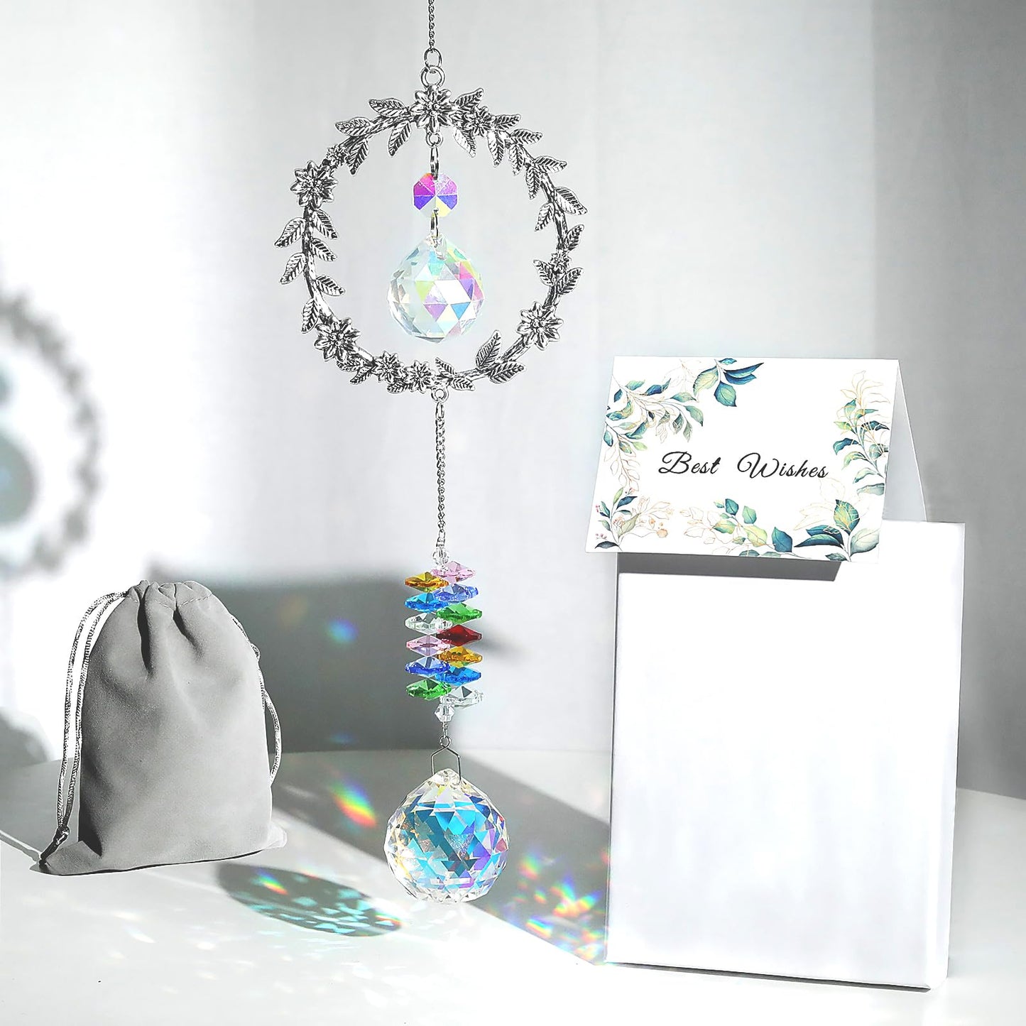 LONGSHENG - SINCE 2001 - Crystal Suncatcher for Windows Rainbow Maker Hanging Ornament Gifts for Family,Friends Sun Catcher Gifts for Mother’s Day Birthday Thanksgiving with Best Wishes Card Gift Bag
