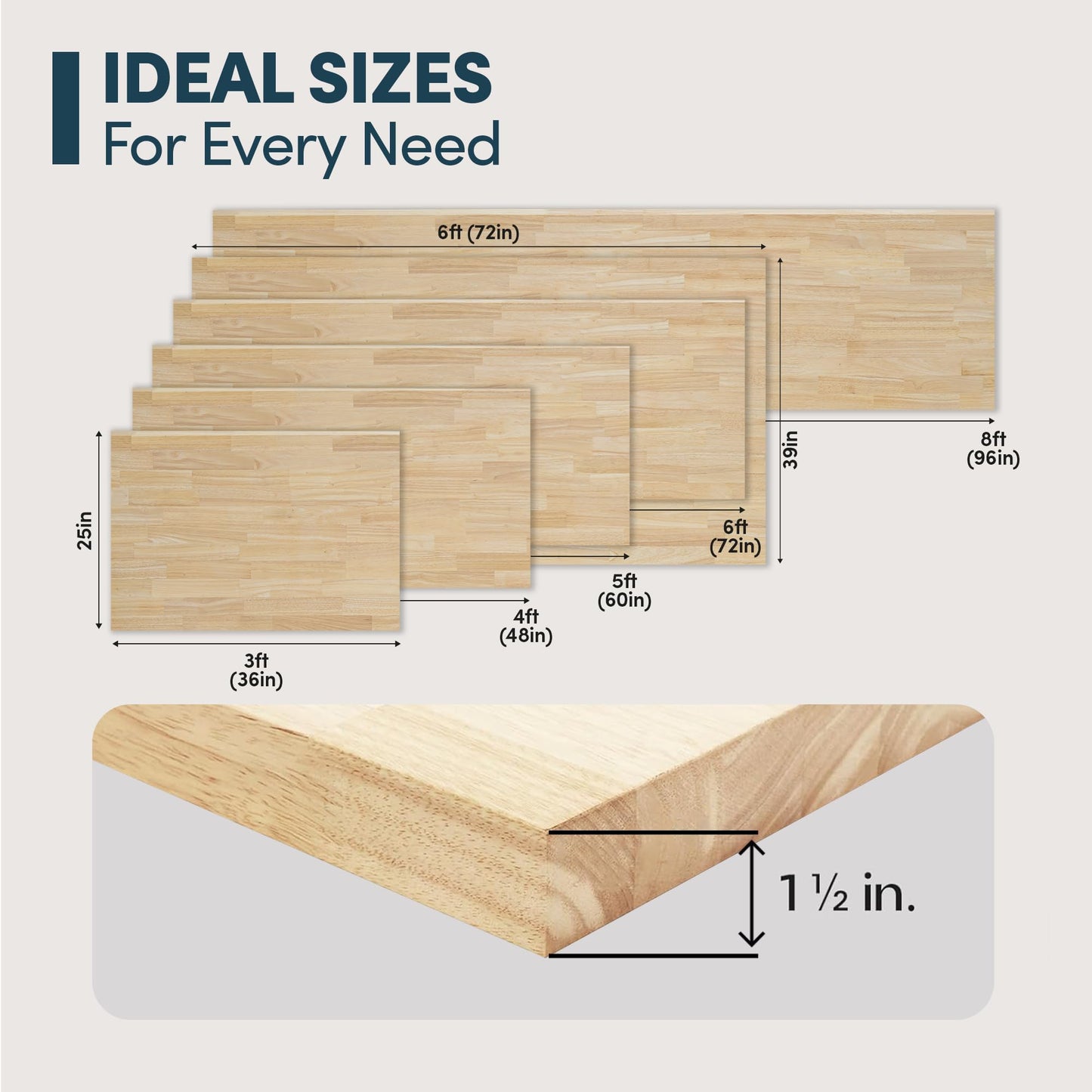 AllForWood Hevea Solid Wood Butcher Block Table Top 60''L x 25''W x 1.5''Thick, Desk top, Unfinished Butcher Block Countertop for DIY Desktop/Kitchen Countertop (Unfinished)