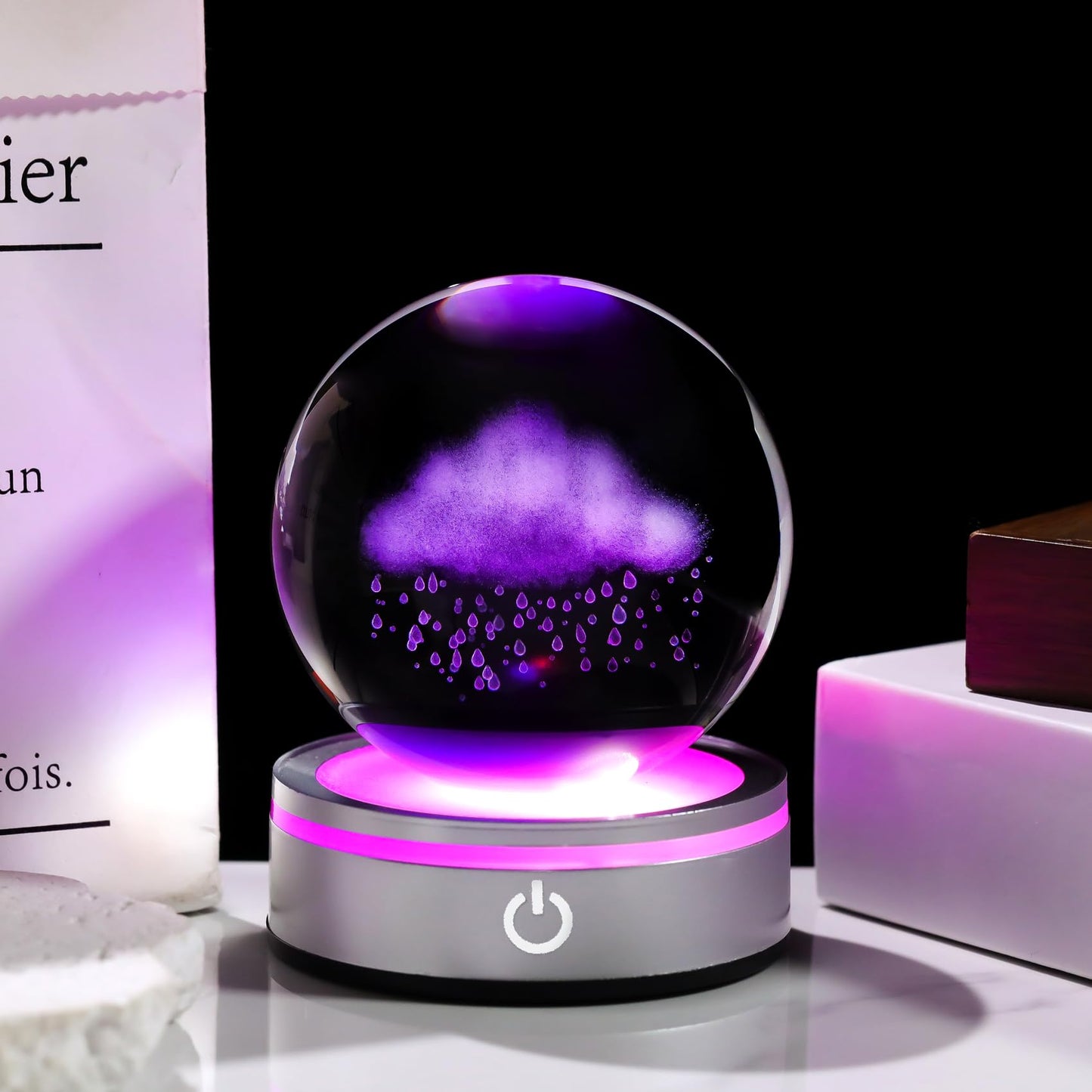 Arikyrist 3.15in. 3D Cloud and Rains Crystal Ball Gifts for Women Men, K9 Crystal Decorative Ball Engraved Cloud and Rains Figurine Paperweight with LED Light Base for Home Office Decoration