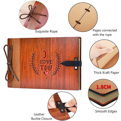 ZEEYUAN Wooden Photo Album Scrapbook DIY Photo Book Wedding Guest-Book 80 Pages Travel Memory Book Birthday Anniversary Valentine's Gift for Mother Father (I Love You)