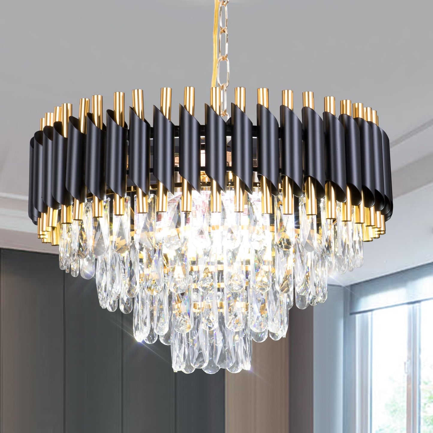 FRIXCHUR Modern Crystal Chandelier 20" Black Flush Mount Ceiling Light 4 Tiers Crystal Pendant Light LED Crystal Chandelier for Bedroom Dining Room