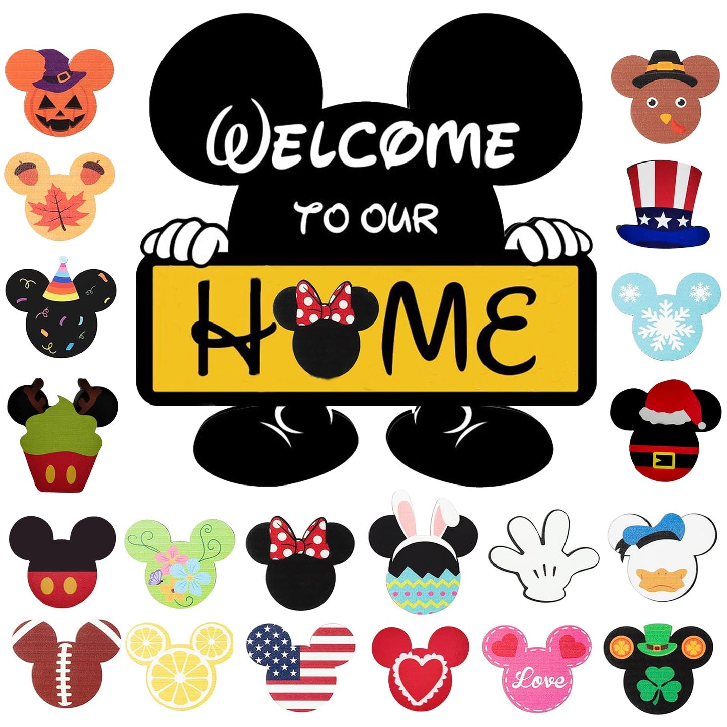 FUEMEILY Cute Mouse Seasonal Interchangeable Welcome Door Sign, Welcome to Our Home Sign with 20pcs Interchangeable Holiday Pieces for Farmhouse/Wall/Porch Decor and Housewarming Gift (Yellow)
