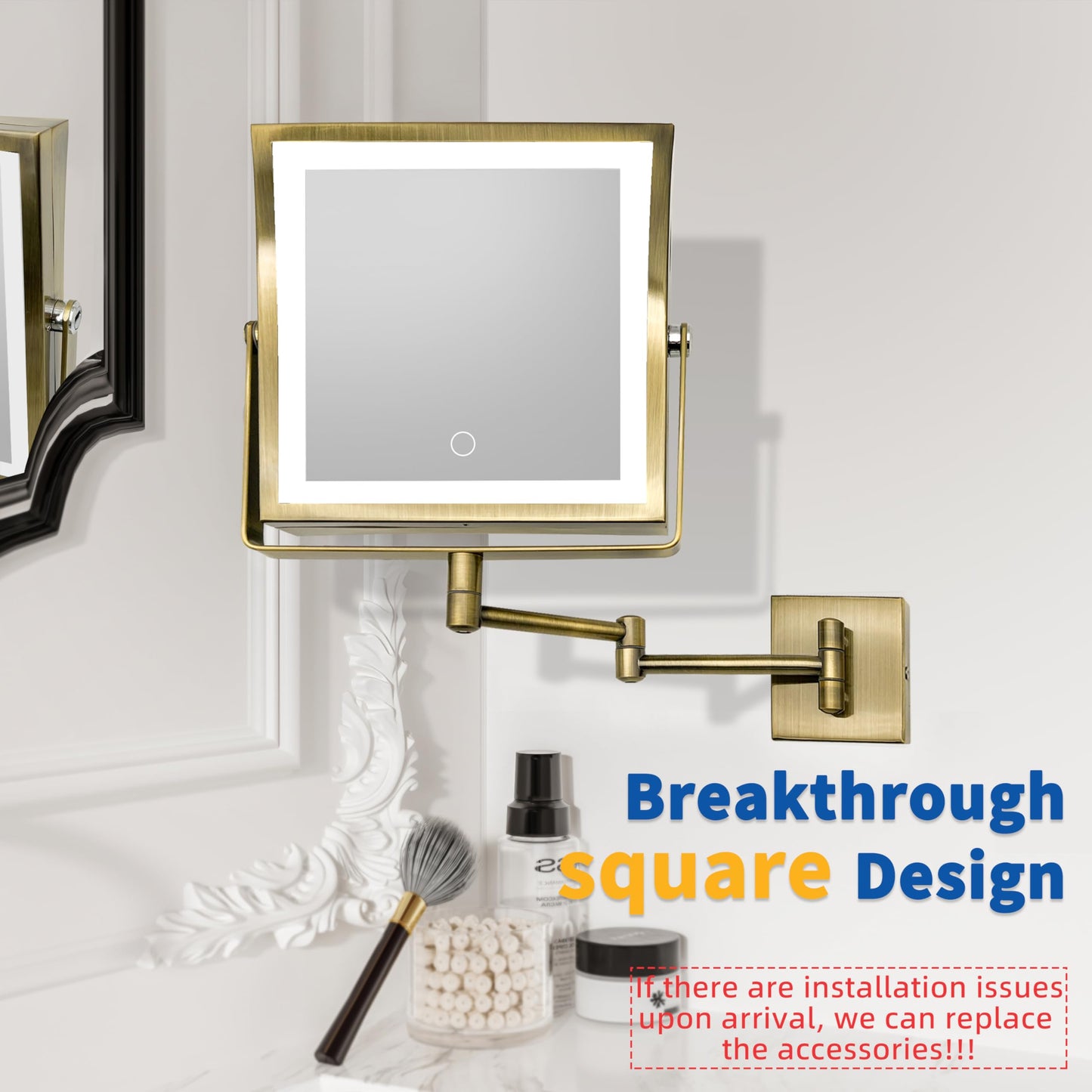 Ruacq Rechargeable Wall Mounted Makeup Mirror with Lights, Double Sided 1X/10X Magnifying Vanity Mirror with 3 Color Lighting, Touch Screen Dimmable, 360° Rotation Extension Foldable Arm(Matte Black)