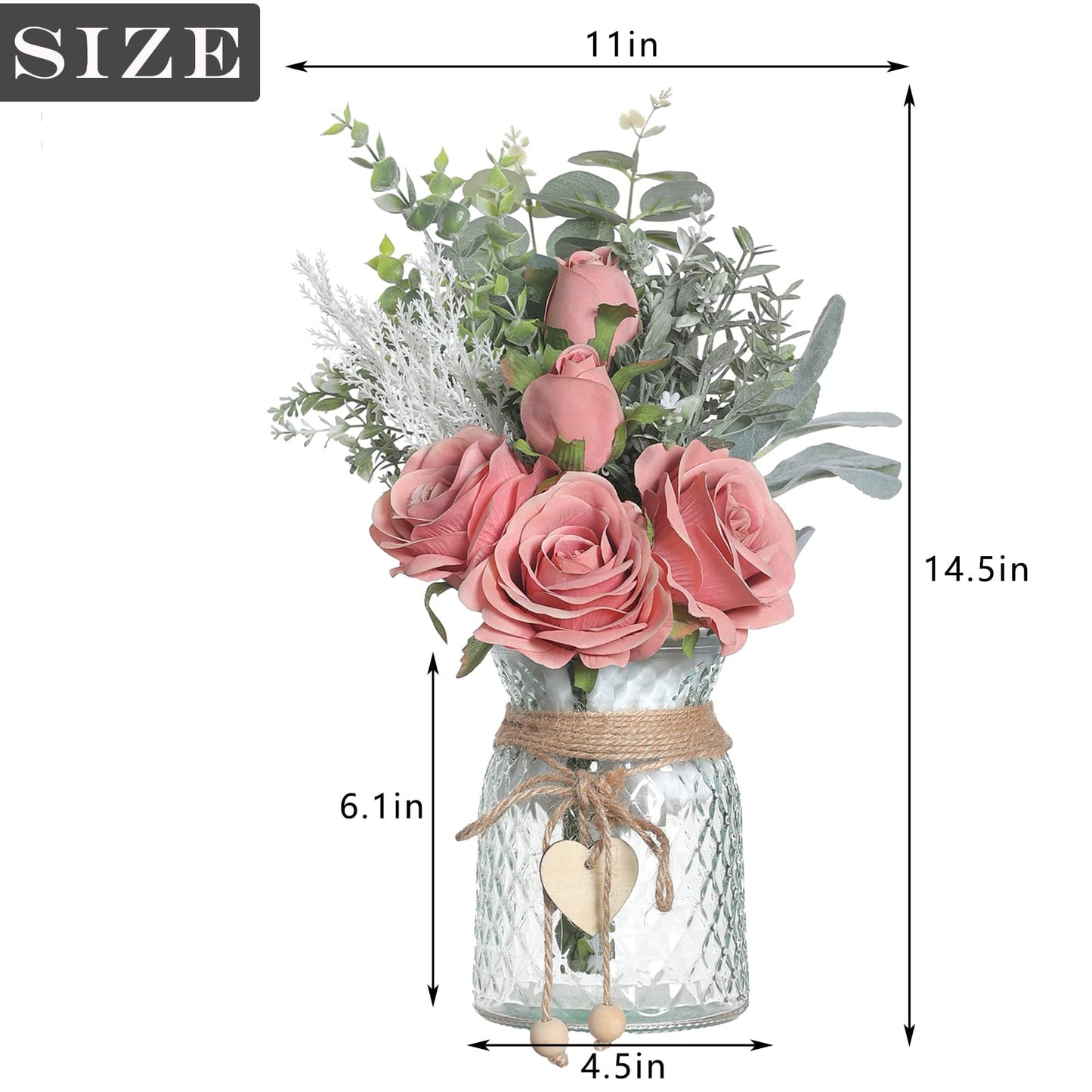 Faux Flowers with Vase,Artificial Silk Roses in Vase, Fake Plant Eucalyptus Flower Arrangement for Home Office Farmhouse Bathroom Dining Table Centerpiece Decorations Coffee Table Decor (Dusty Pink)
