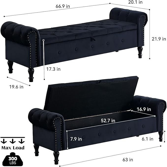 Storage Bed Bench for Bedroom, King Size Bench