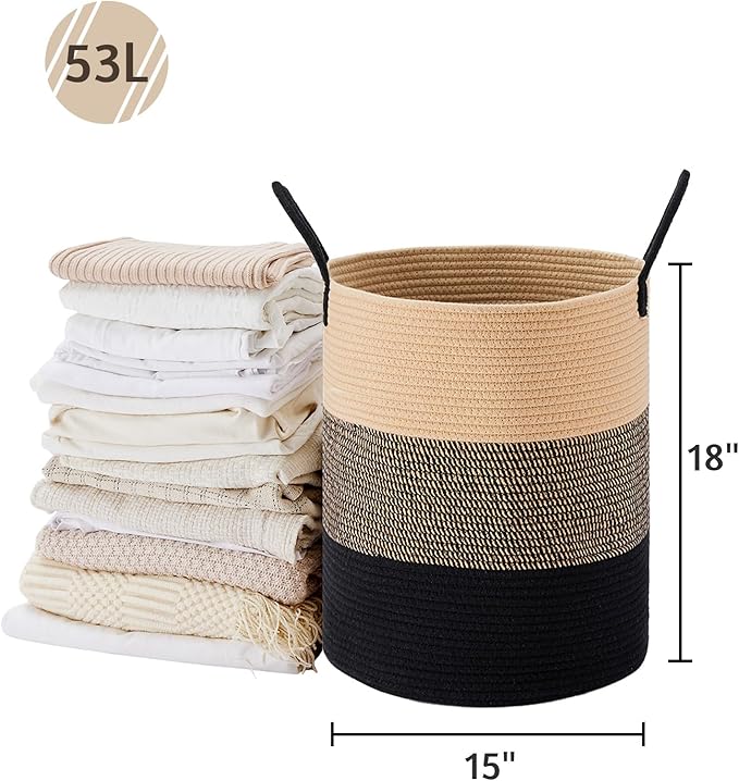 VIPOSCO Large Laundry Hamper, Tall Woven Rope Storage Basket