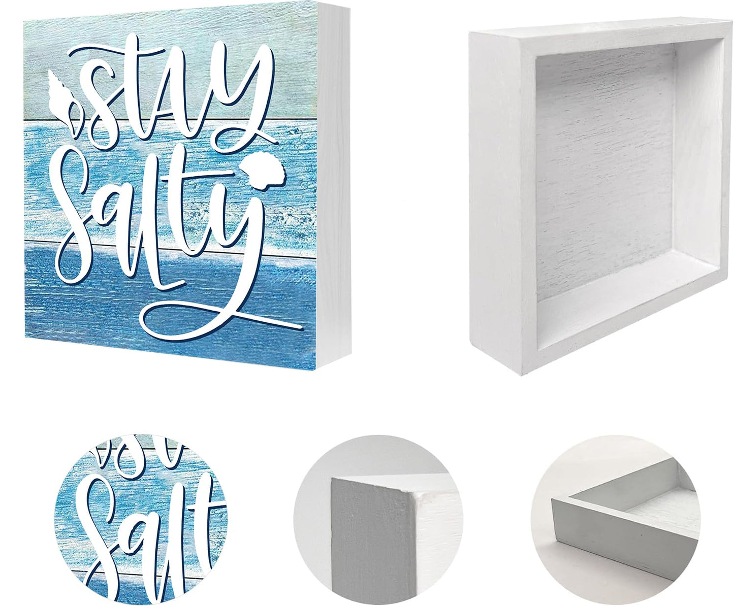 Summer Beach Decorations for Home, Starfish Theme House Room Bedroom Bathroom Decor Classroom, Wood Box Sign 5 X 5 Inch (Stay Salty Sign)