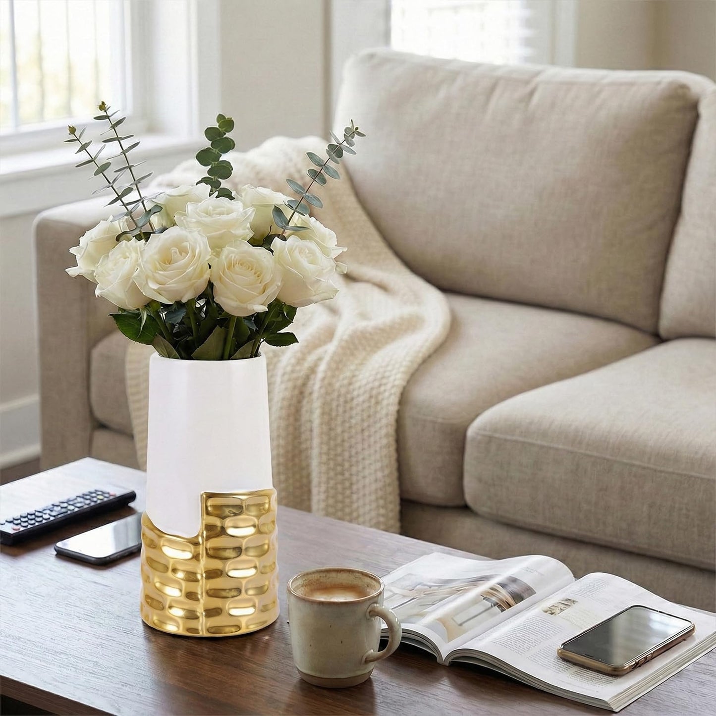 LCCCK 7.0" Gold Hammered Vase Home Decor, Elegant Ceramic White and Gold Flower Vase for Pampas Grass Decorative, Boho Small Cylinder Vases Centerpiece, Dining Table Living Room Jarrones Art