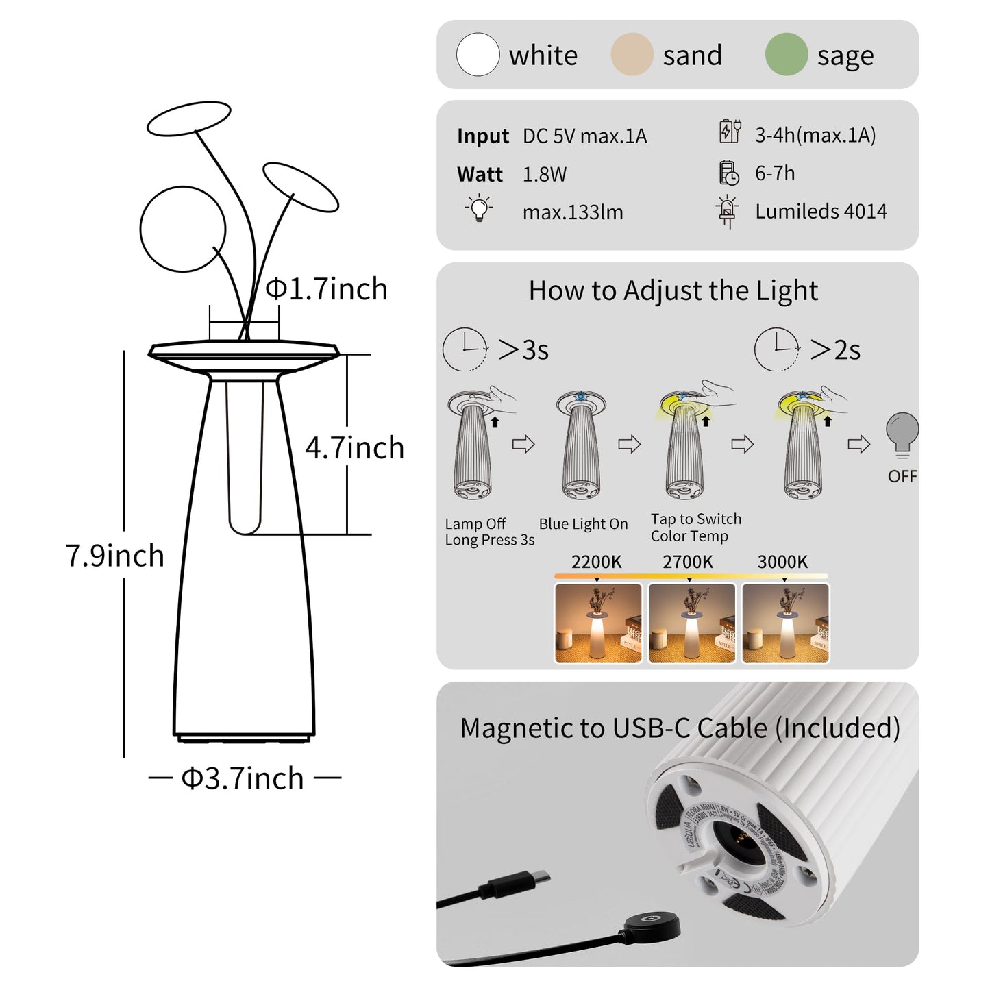 UBIQUA 2-in-1 Cordless Table Lamp - Flora MINI, Vase Lamp with Magnetic Charging, Dimmable & Adjustable Lighting, IP65 - Rechargeable LED Lamp for HoReCa, Living Room, Outdoor Use (Sand)