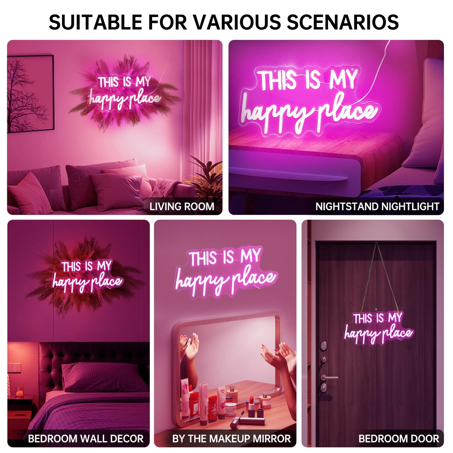 Neon Signs for Wall Decor - This Is My Happy Place Neon Signs for Teen Girls Bedroom Decor, Pink Led Neon Lights for Wall Decor, Nightstand Light, Dimmable Switch USB Power, Adhesive Hook Included