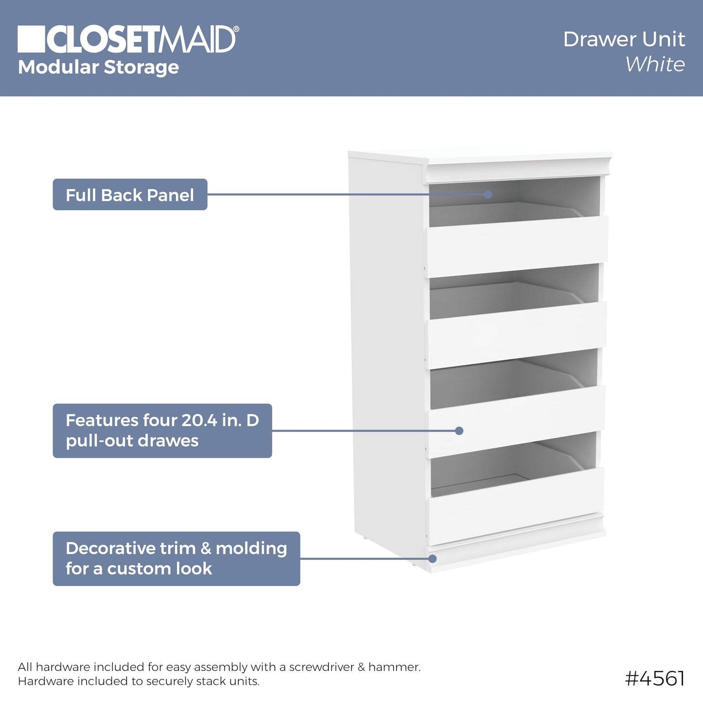 ClosetMaid Modular Storage 21.38-inch W 3-Shelf 4-Drawer Tower Wood Closet System, White