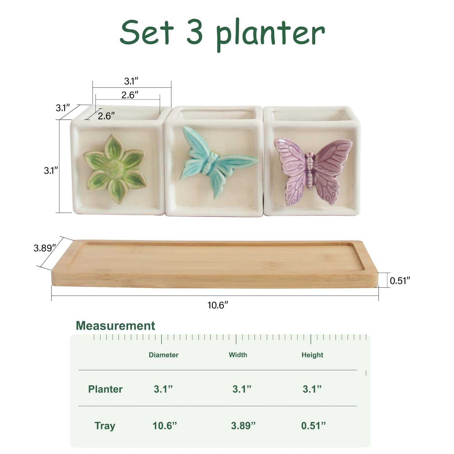 Gnliny 3.1 Inch Ceramic Succulent Pots with Bamboo Tray - 3Pcs Square Planters with Drainage Holes, 3D Butterfly & Flower Design for Indoor Plants, Desk Organizer for Home Office