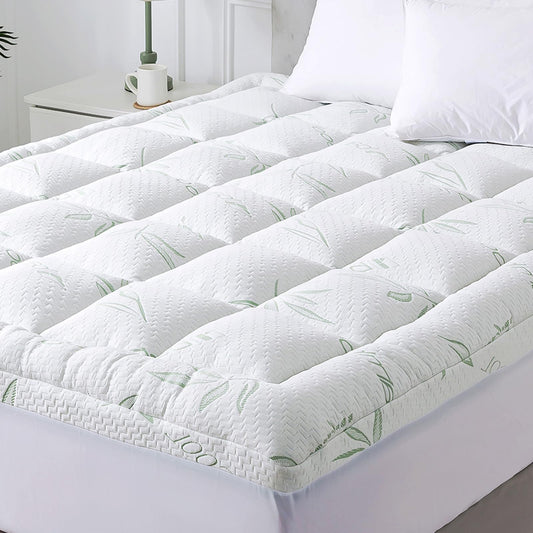 WhatsBedding Mattress Topper Queen, Soft Pillow Top Mattress Topper with Deep Pocket Fits 8–21 Inch,7D Spiral Fiber Filling, Bamboo Viscose Air Layer Queen Mattress Topper.