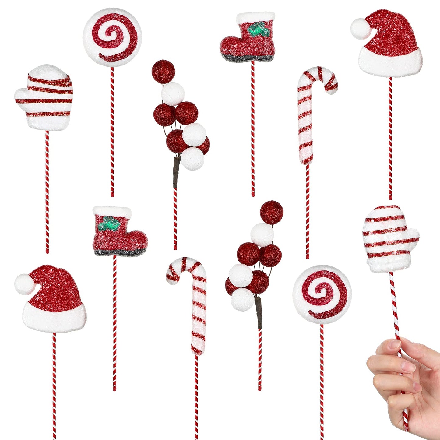 12 Pcs Christmas Candy Cane Ornaments Set Christmas Picks Glitter Lollipop Santa Hat Gloves Berries Boots Decoration with Red and White Stripes for Xmas Tree Wreath Party Supplies Vase Filler Crafts