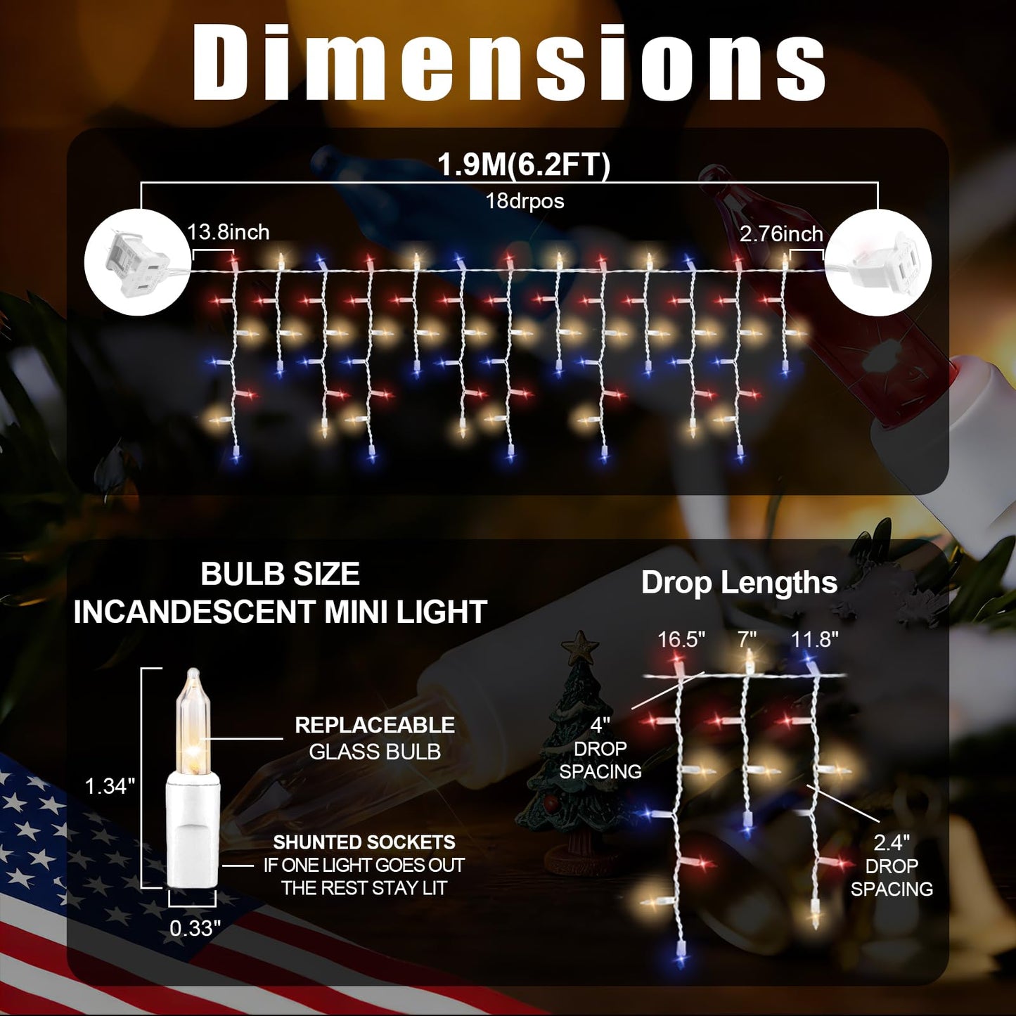 TWINGLEHOME 100 Incandescent Icicle String Lights with White Wire, Multifunctional Modes Lighting (Red, White, Blue) for Nation Day