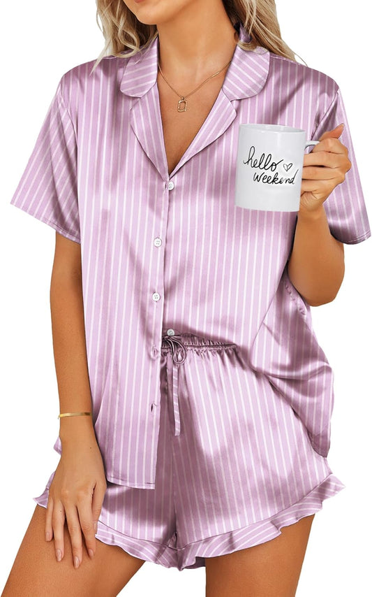 Ekouaer Womens Satin Pajamas Set Button Down 2 Piece Silk Pjs Shorts Set Ruffle Lingerie Notch Collar Sleepwear