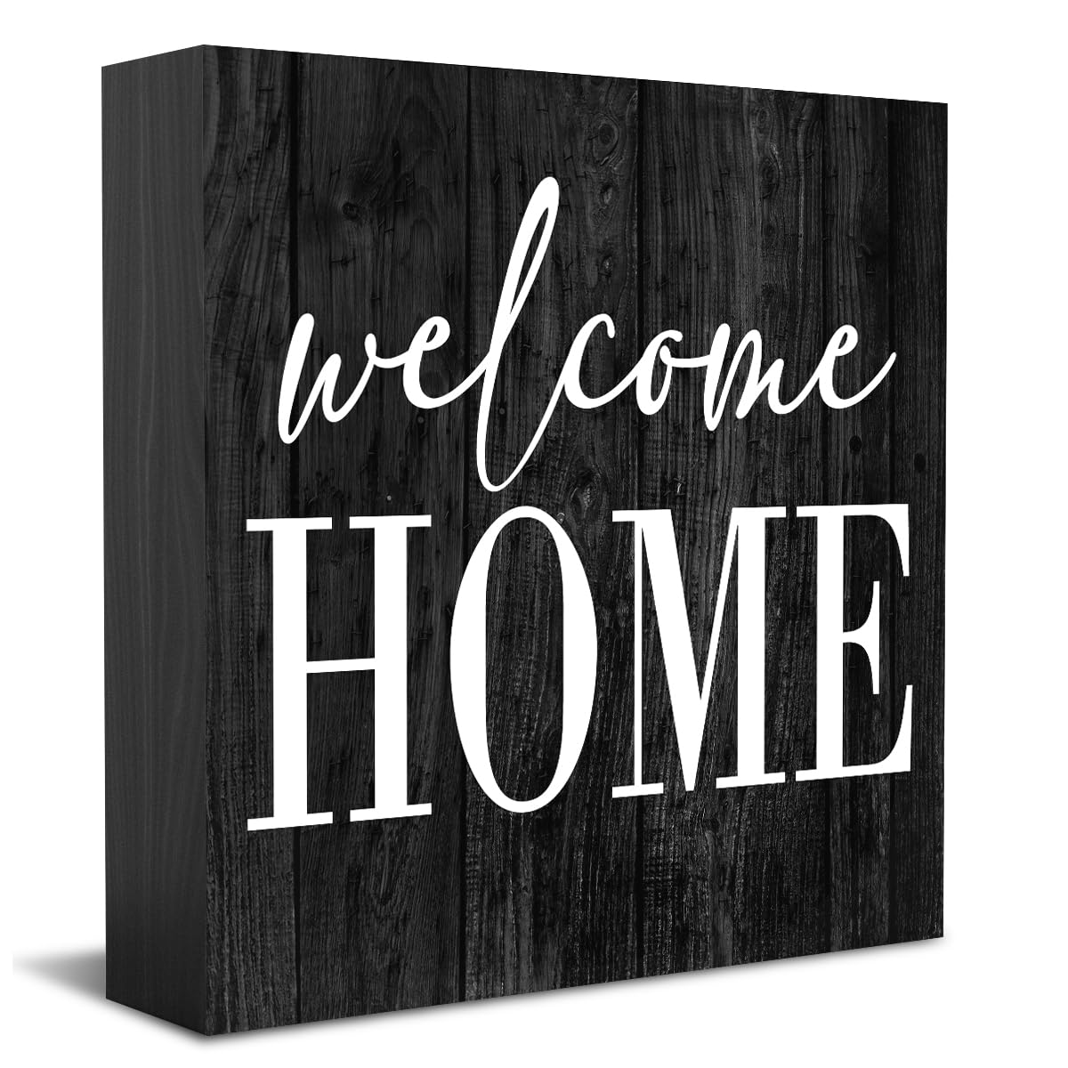 HTBIG Welcome Home Sign Home Decor Desk Decor Wooden Box Sign Rustic Black Wood Block Plaque Box Sign for Women Family Friends Farmhouse Living Room Kitchen Bedroom Shelf Table Decoration