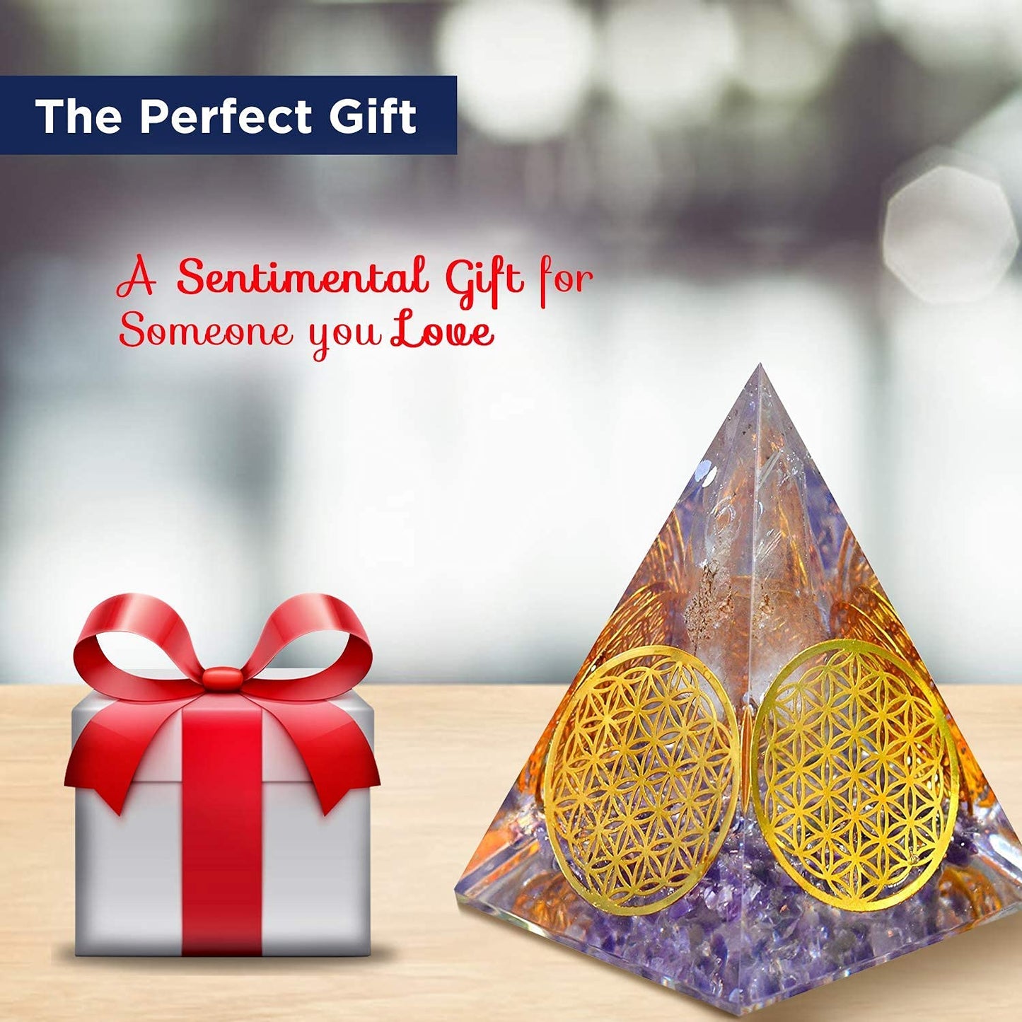 Orgonite Crystal Handmade Amethyst Pyramid with Flower of Life Symbol – Resin Decor for Meditation, Yoga, Chakra Balancing, Spiritual Gift, Desk or Home Display