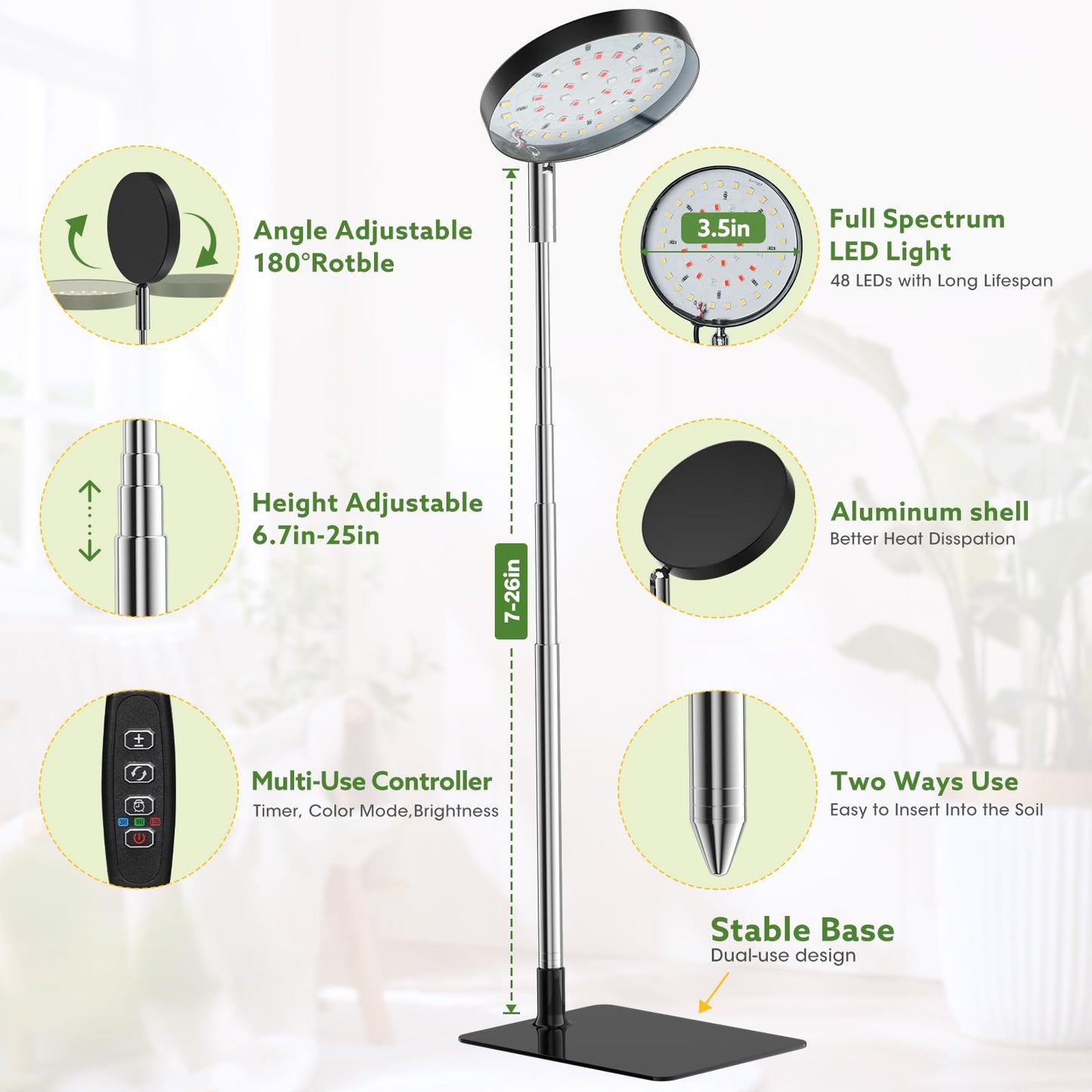 YUYMIKA Grow Lights for Indoor Plants Full Spectrum, 48 LEDs Plant Light for Indoor Plants with 2 Mounting Options, 3 Optional Spectrums, 3/9/12Hrs, 10 Brightness, 7"-26" Height Adjustable (Black)