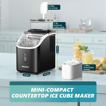 EUHOMY Ice Cube Maker Machine Countertop with External Water Tank, 2 Ways to Add Water, 34Lbs/Day, 16Pcs Ready in 7 Mins, Auto-Cleaning, with Ice Scoop & Basket, for Home/Kitchen/Office/Bar (Black)