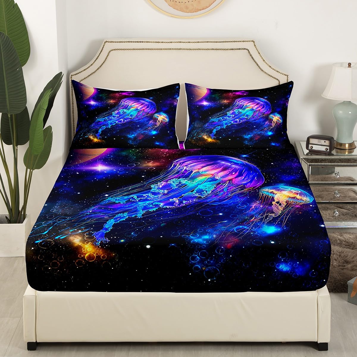 Castle Fairy Jellyfish Galaxy Bed Sheet Set Twin Size,Blue Nebula Spaceship Bedding Decor Set with 1 Flat&1 Fitted Sheet with 1 Pillow Shame,Universe Stars Planets Bedding Set for Kids Boys Xmas Gift