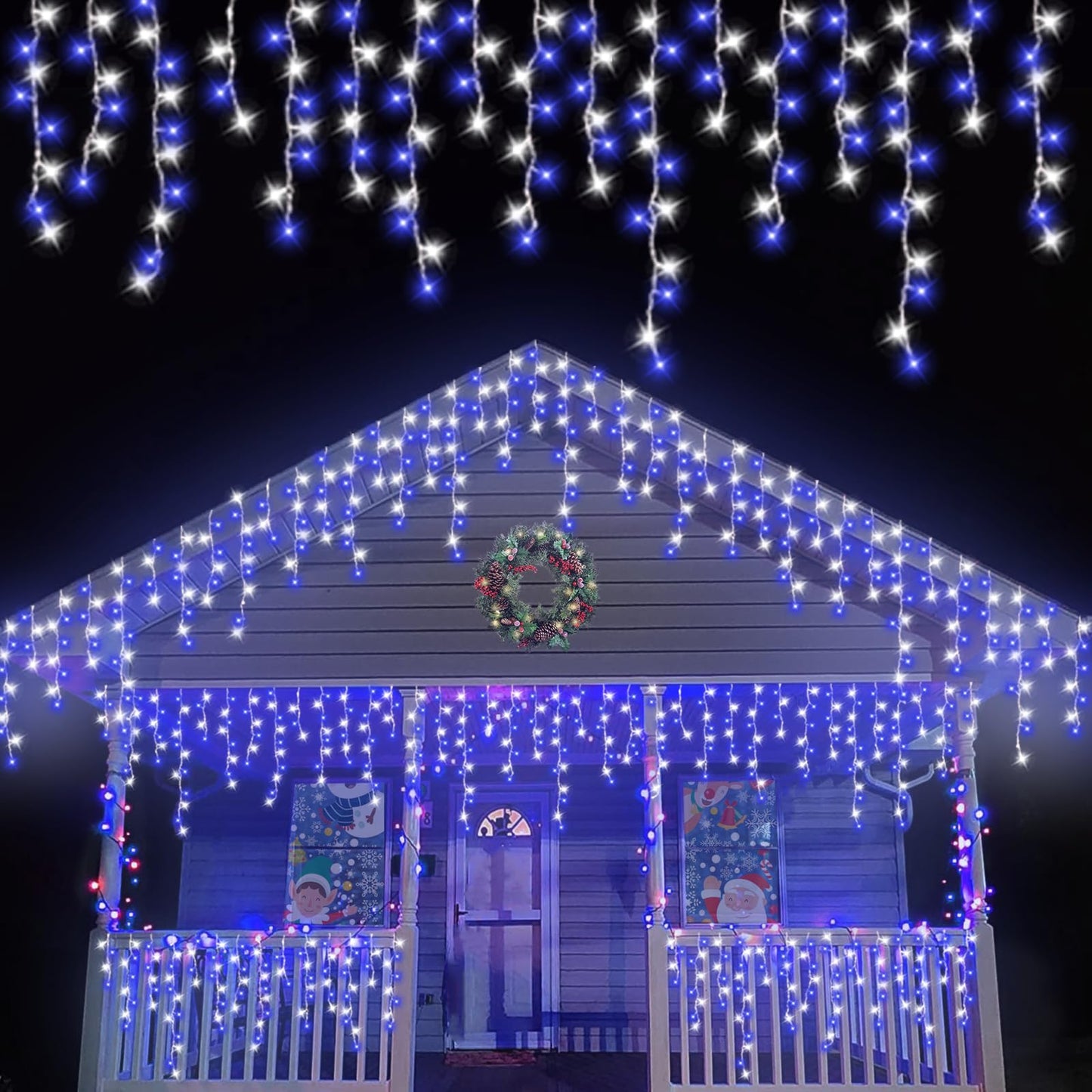 QITONG Blue and White Icicle Lights for Outside, 33ft 400 LED String Light Indoor Plug in, 8 Modes Connectable Icicle Christmas Light Clear Wire