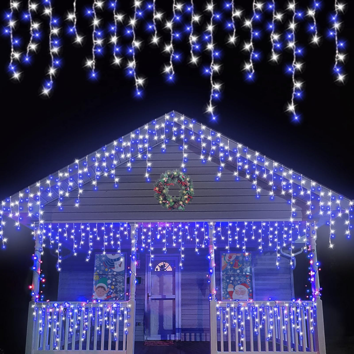 QITONG Blue and White Icicle Lights for Outside, 33ft 400 LED String Light Indoor Plug in, 8 Modes Connectable Icicle Christmas Light Clear Wire