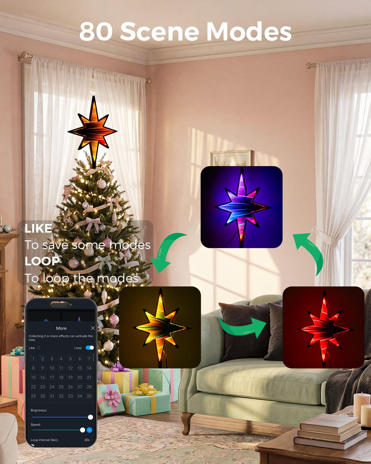 Smart Christmas Tree Topper Infinity Mirror Double-Sided, 11" RGB Star Tree Topper, Timer, App Control, USB Powered, Music Sync, Tree Topper for Indoor Party Holiday Decor