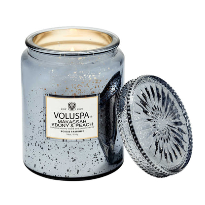 Voluspa Makassar Ebony & Peach Candle | Large Glass Jar | 18 Oz | 100 Hour Burn Time | Coconut Wax for Clean Burning |