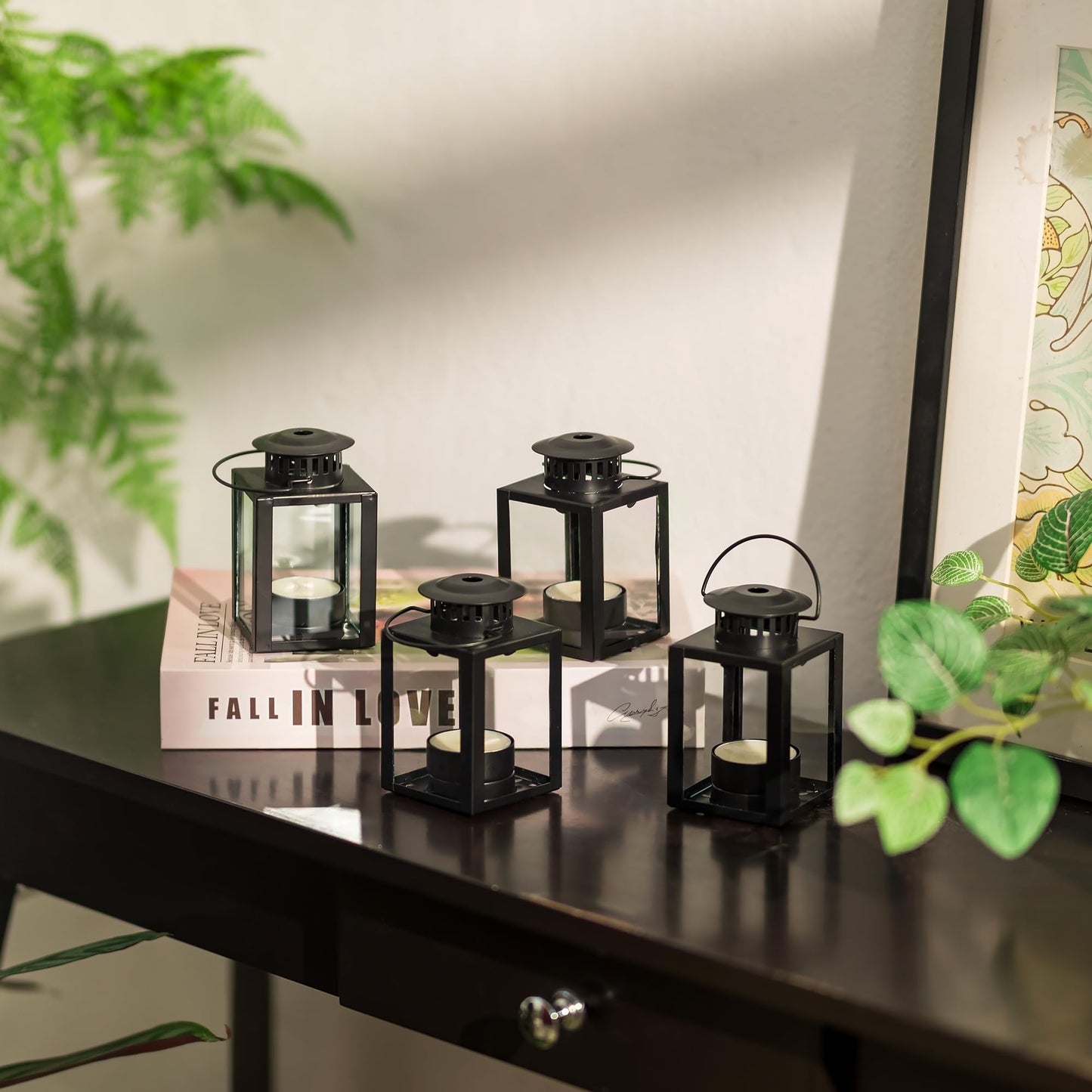 Small Candle Lanterns Decorative Outdoor: 4 Pcs Black Hanging Tea Lights Candle Holder for Table Centerpiece Fireplace Wedding Christmas 3.9" Glass Farmhouse Decor