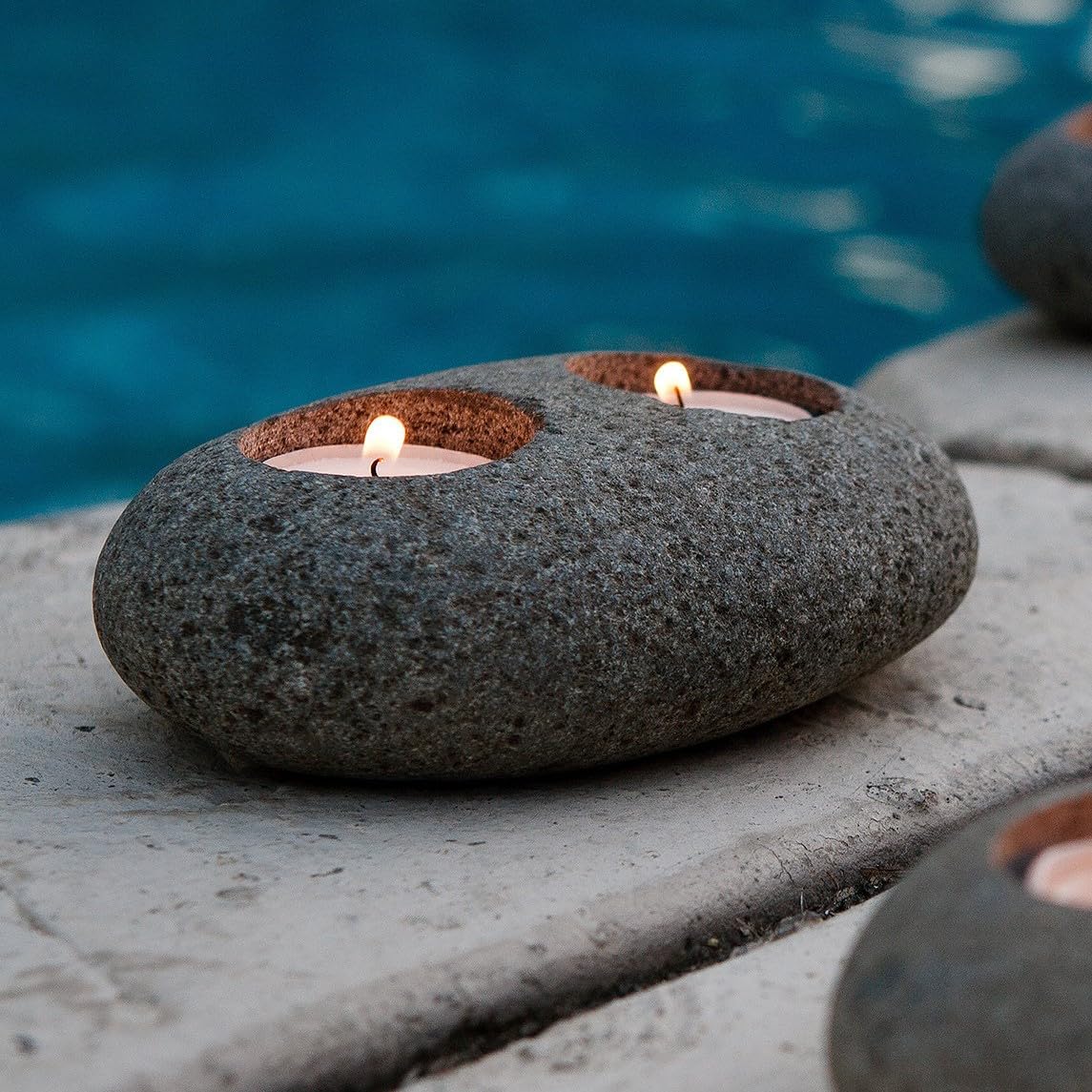 Natural Beach Pebble T-Light Holder - Double