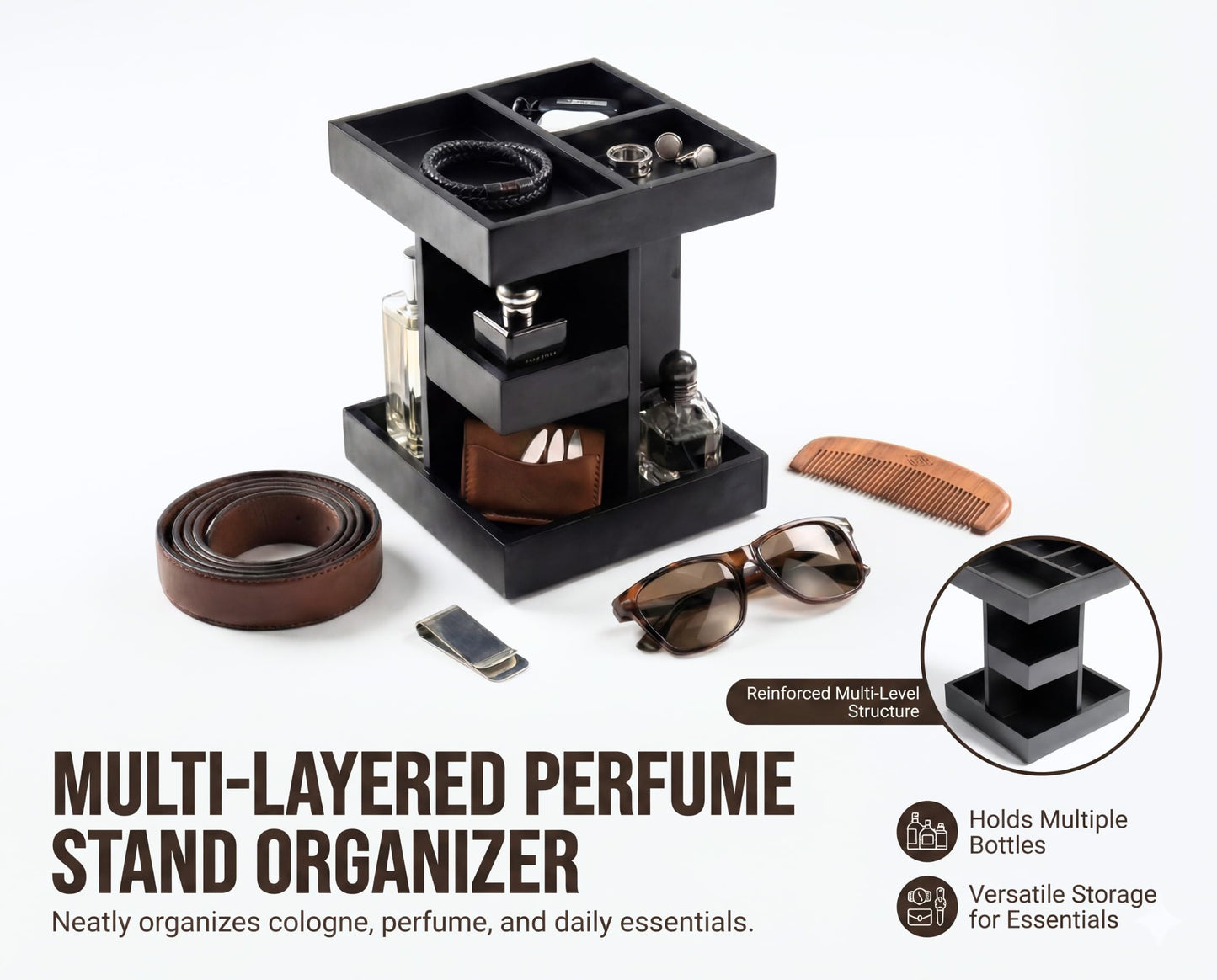 Aurenzo Cologne Organizer for Men, 3 Tier Black Wood Perfume Display Stand with 360° Rotate Base, Mens Cologne and Jewelry Organizer Shelf for Bathroom Countertop Storage & Nightstand, Gift for Men