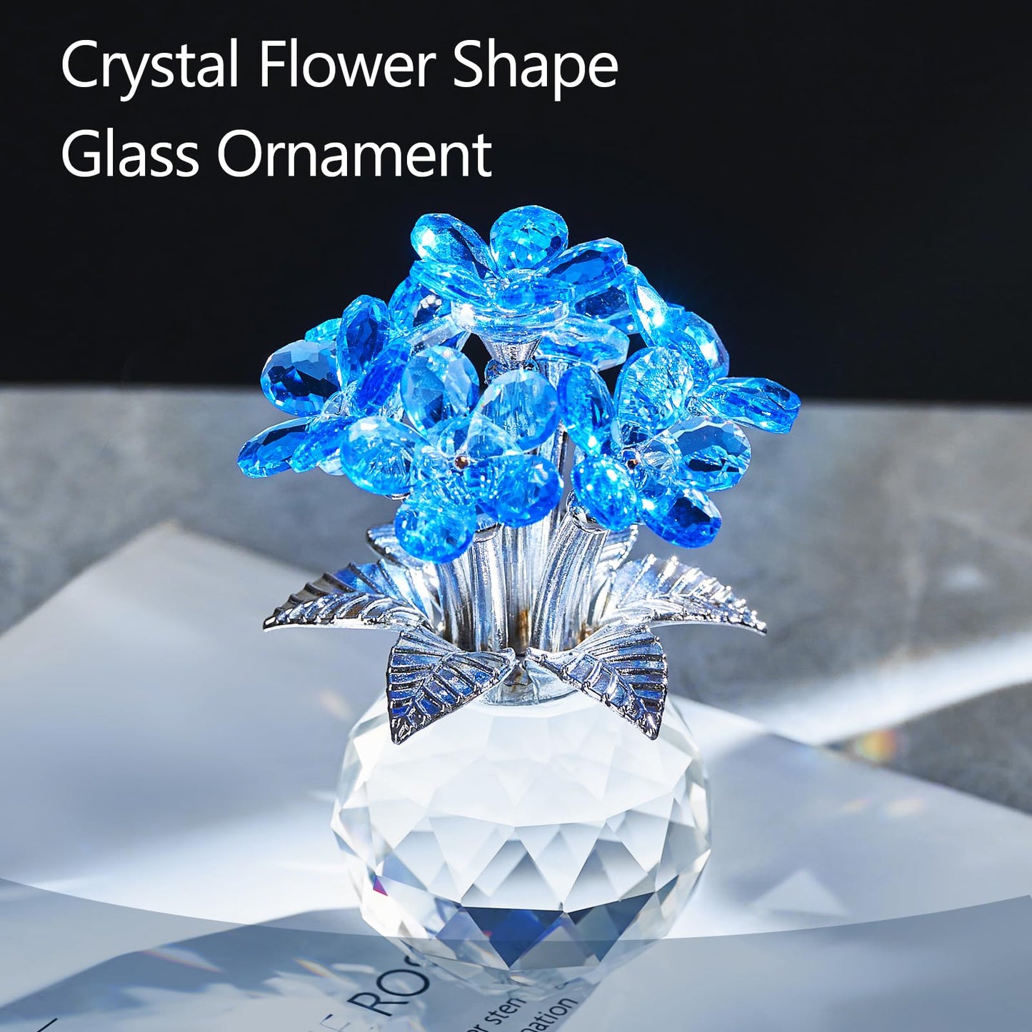 XLSJGYP Blue Crystal Flower Glass Gifts for Sister Girlfriend Women Girl Wife,Crystal Flowers Bouquet Collectible for Wedding Anniversary Mom from Daughter Son (Blue Flower 02)