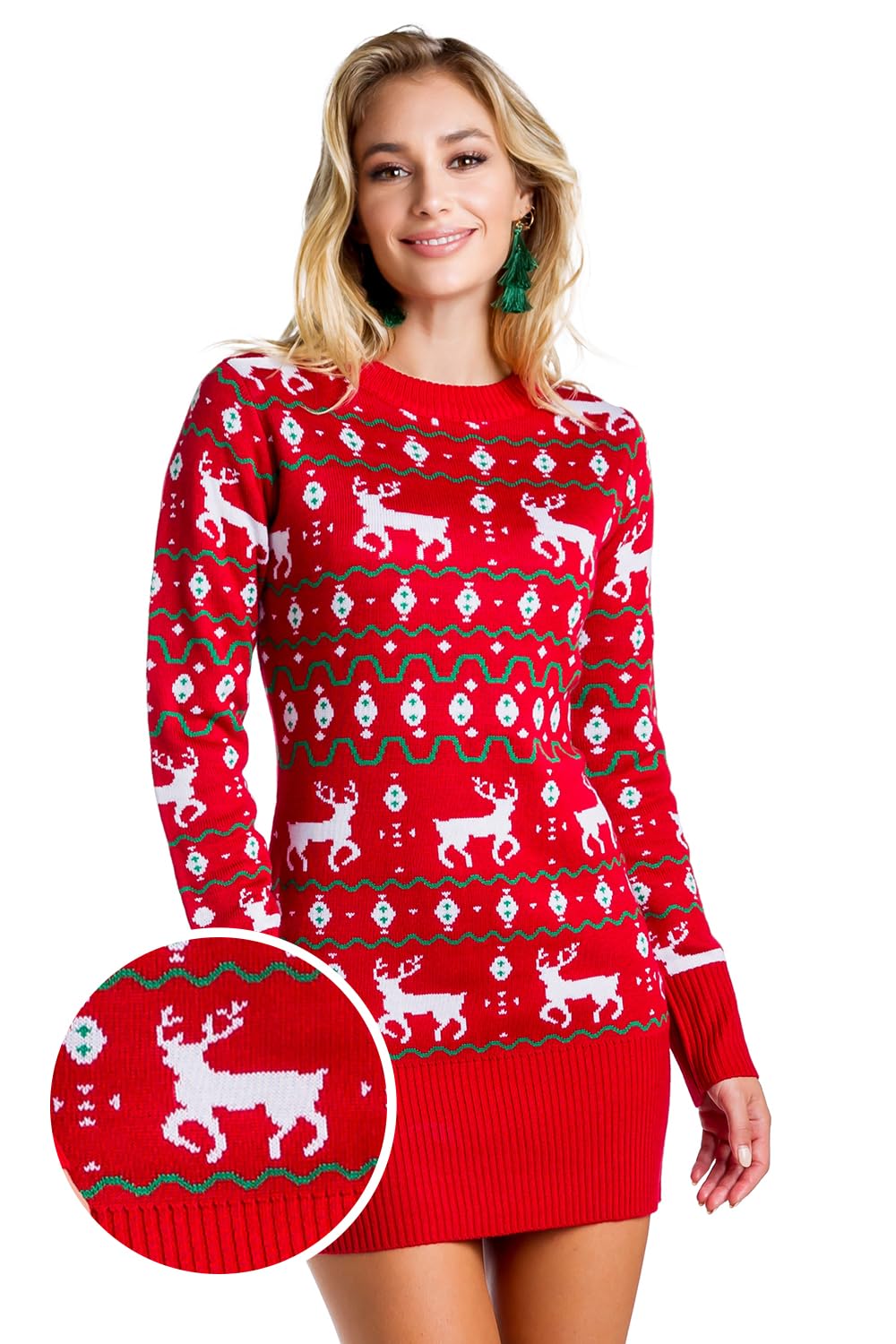Tipsy Elves Christmas Sweater Dresses for Women - Cute Winter Themed Dresses - Instant Holiday Outfits - Women's Easy Red Reindeer Fair Isle Christmas Sweater Dress Size Small
