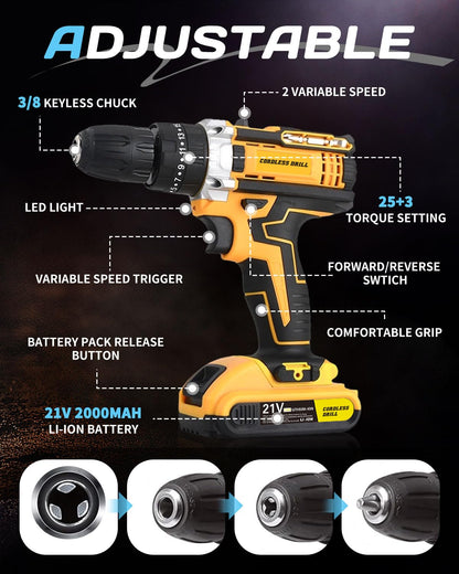 Maxesla 99PCS Cordless Drill Set 21V, 25+3 Torque Combi Drill with 2.0AH Battery, 42N.m Max Electric Screwdriver Kit, 2 Variable Speed, LED Work Light, Home and Garden DIY Project Kit