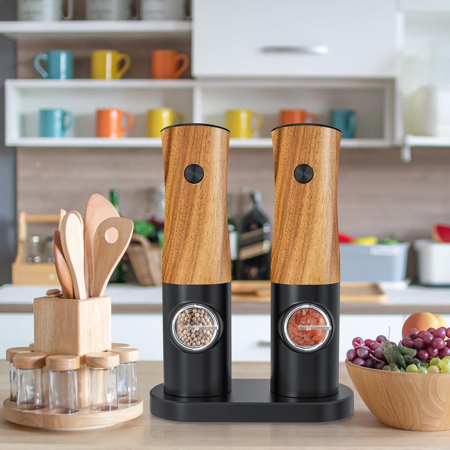 Electric Salt and Pepper Grinder Set - Automatic Battery Powered Salt Grinder Salt and Pepper Shakers Set Electric with Auto Light Adjustable For Gravity Operated Wood Grain Peppercorn Mill