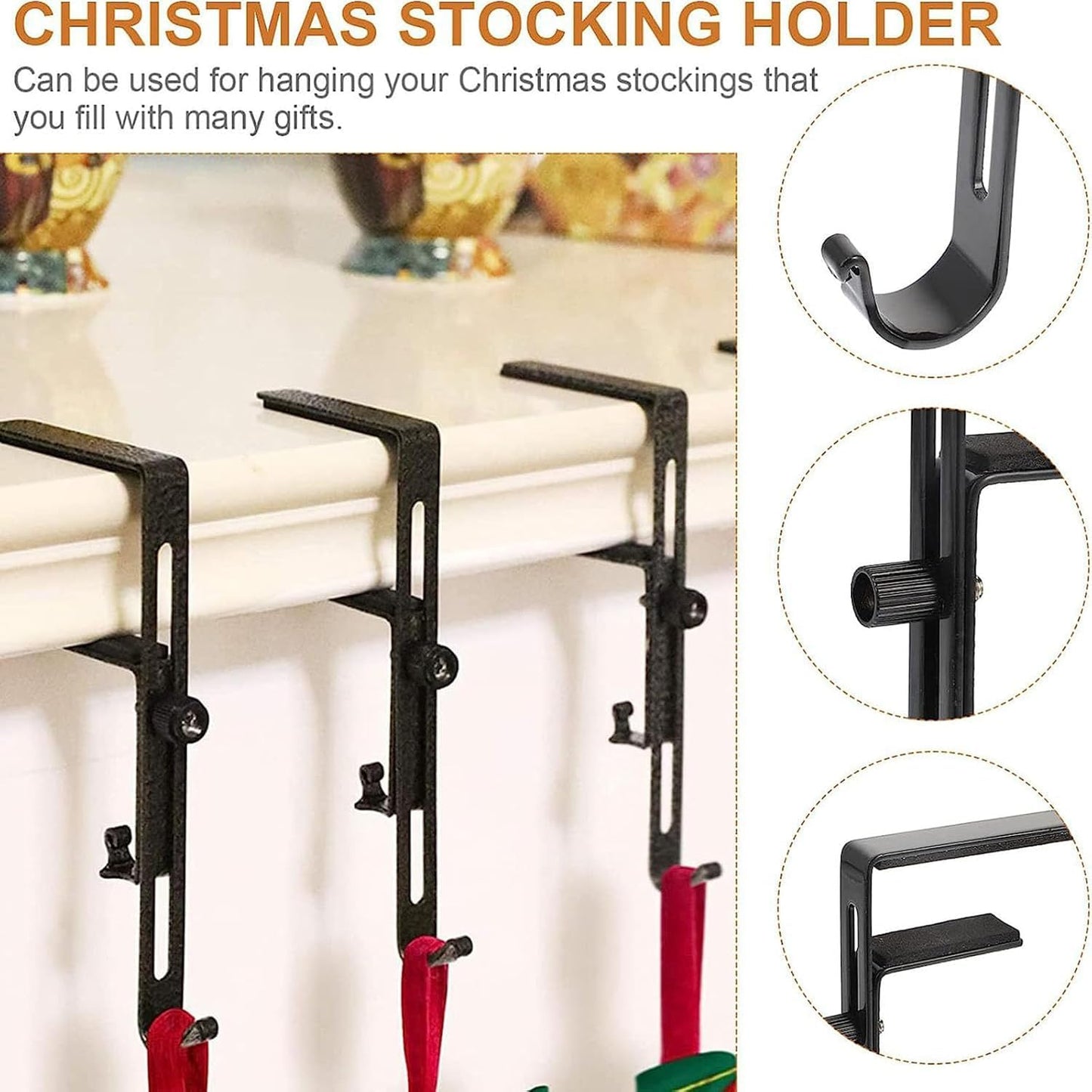 Garland Hanger and Stocking Mantel Holders, 4 PCS Christmas Stocking Holders for Mantle-Adjustable Christmas Metal Hooks Garland Hanger for Hanging Stocking Garland Balls Fireplace Decoration Supplies